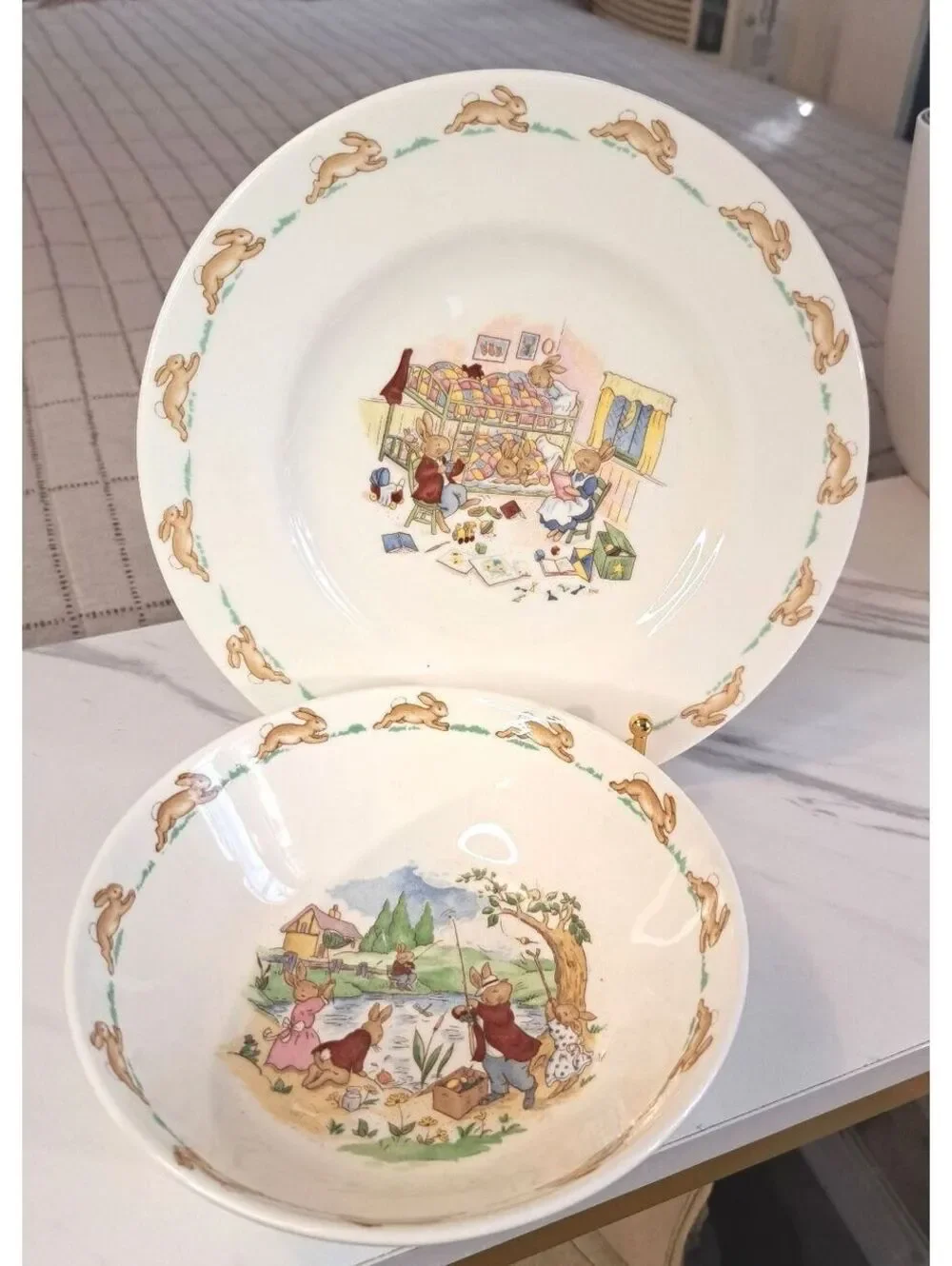 Vtg Royal Doulton English Bone China Bunnykins Child's Cereal Bowl & Plate Set